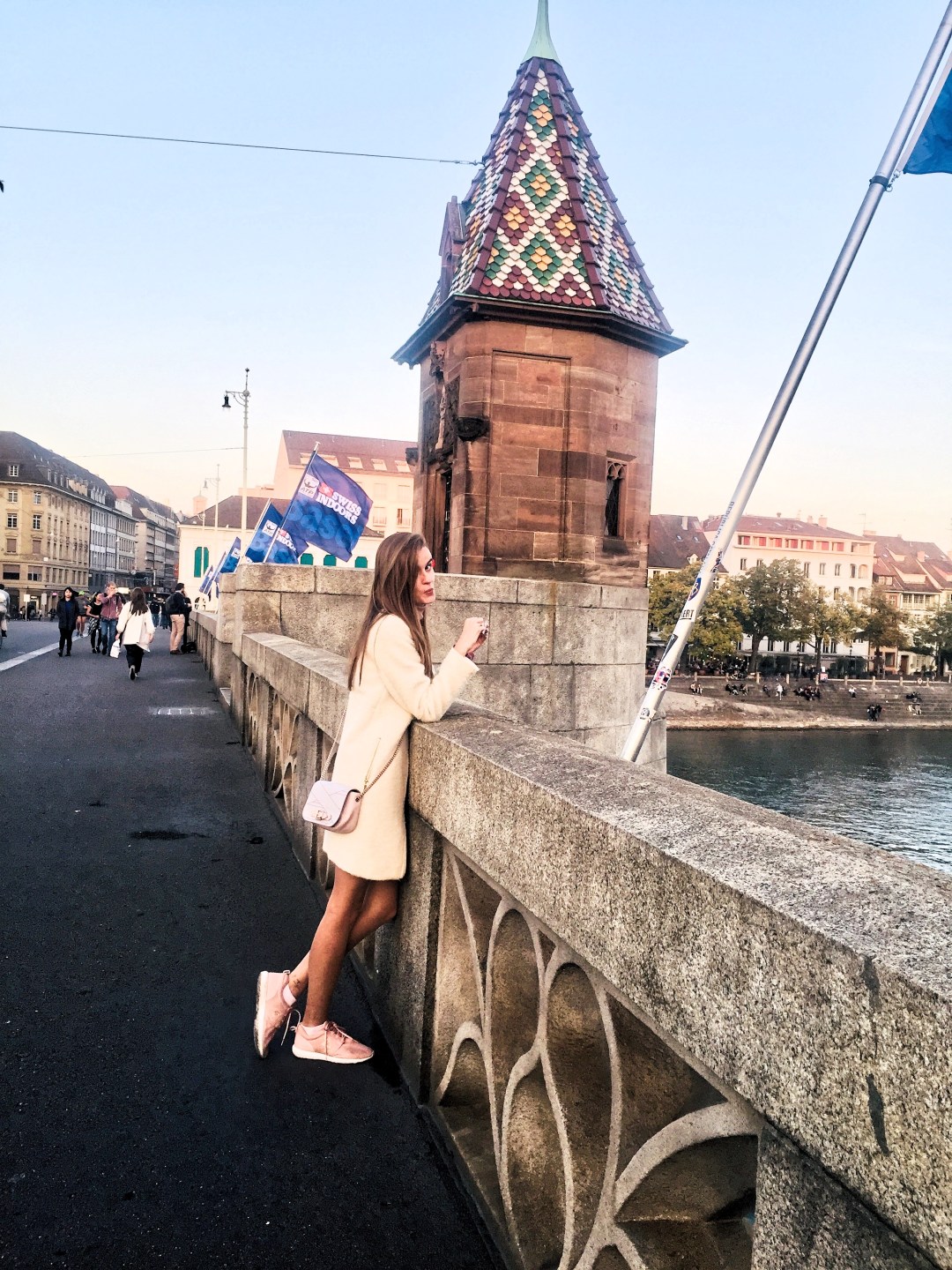 Basel city walk pedestrian bridges over Rhine river