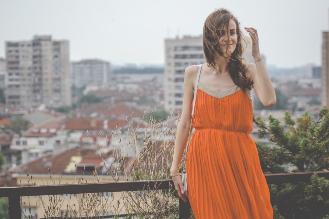 Mango coral midi dress with pleated design