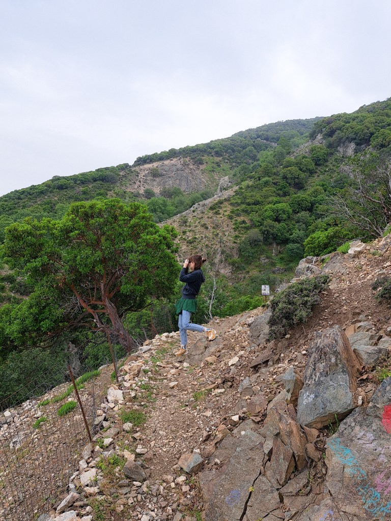 Планинска пътека към върха Фенгари, заобиколена от гори и скали.